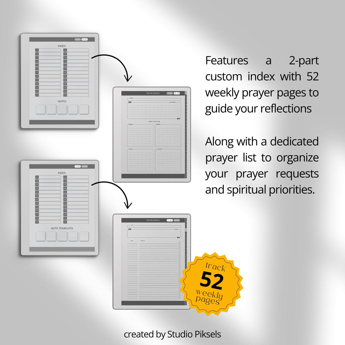 Hyperlinked Weekly Prayer Journal for reMarkable 2 and reMarkable Paper Pure with 52 weekly prayer pages, prayer lists, Bible study notes, and monochrome e-ink layouts.