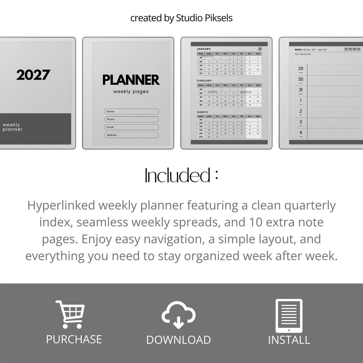 2026 & 2027 Quarterly Overview Weekly Calendar for reMarkable 2 and reMarkable Paper Pure featuring quarterly overview indexes, 52 weekly planning spreads, 10 linked notes pages, and monochrome hyperlinked PDF layouts.