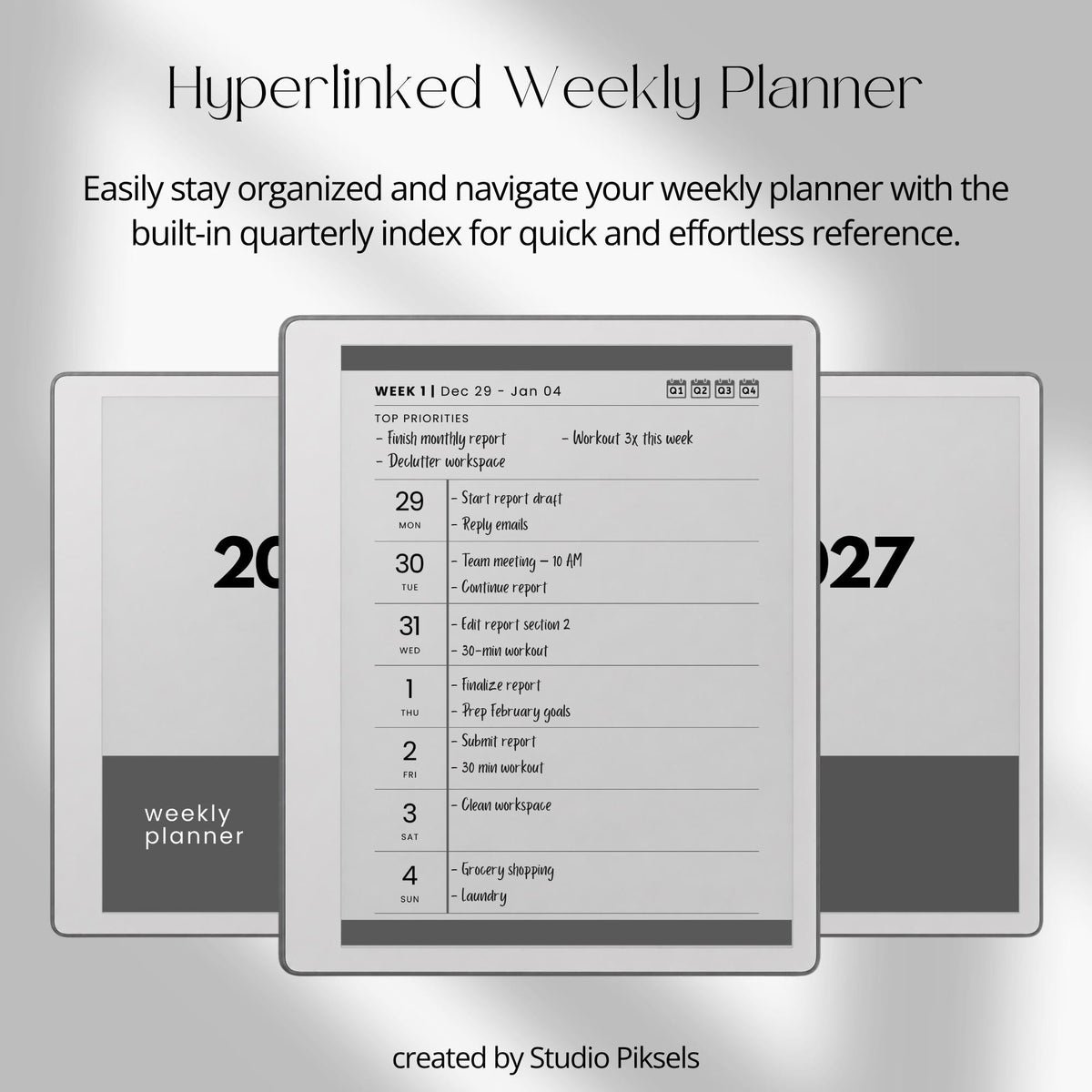 2026 & 2027 Quarterly Overview Weekly Calendar for reMarkable 2 and reMarkable Paper Pure featuring quarterly overview indexes, 52 weekly planning spreads, 10 linked notes pages, and monochrome hyperlinked PDF layouts.