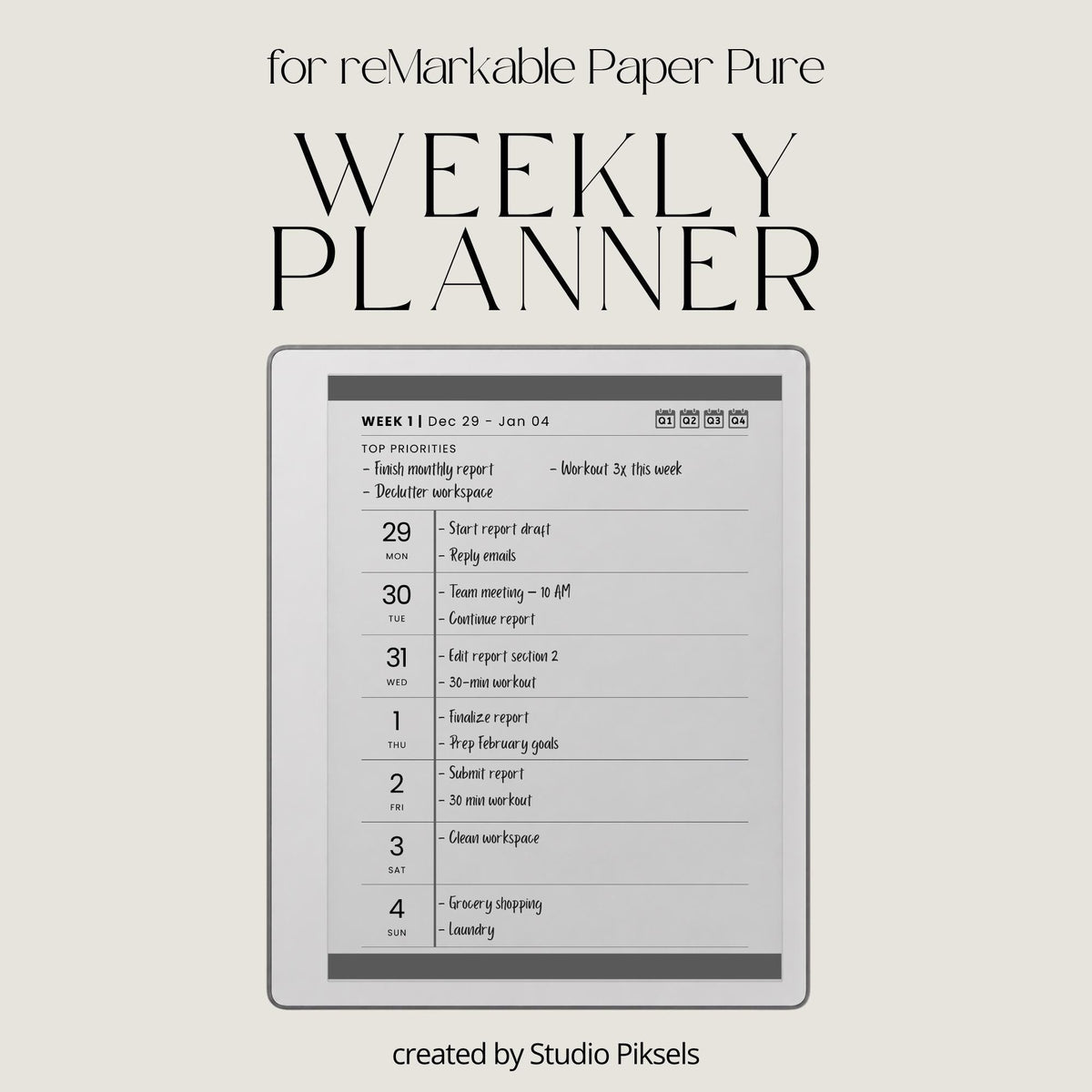2026 & 2027 Quarterly Overview Weekly Calendar for reMarkable 2 and reMarkable Paper Pure featuring quarterly overview indexes, 52 weekly planning spreads, 10 linked notes pages, and monochrome hyperlinked PDF layouts.