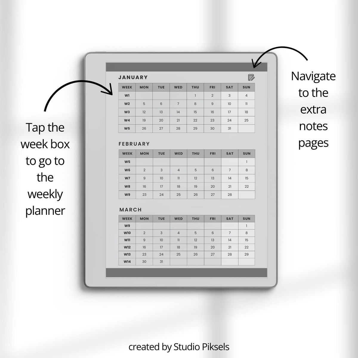 2026 & 2027 Quarterly Overview Weekly Calendar for reMarkable 2 and reMarkable Paper Pure featuring quarterly overview indexes, 52 weekly planning spreads, 10 linked notes pages, and monochrome hyperlinked PDF layouts.