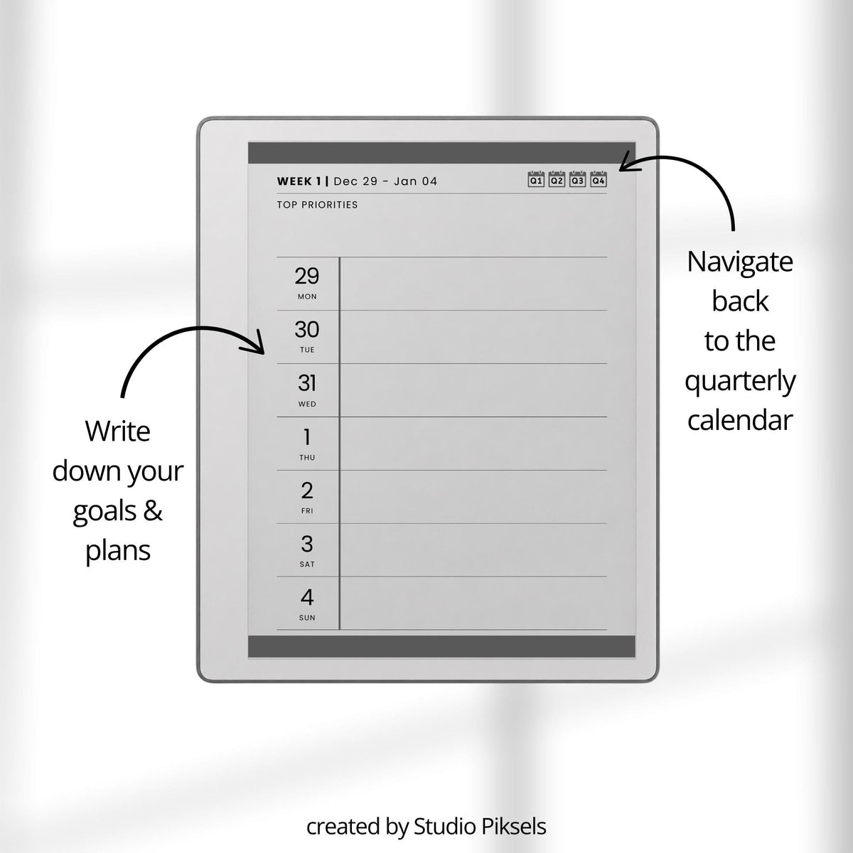 2026 & 2027 Quarterly Overview Weekly Calendar for reMarkable 2 and reMarkable Paper Pure featuring quarterly overview indexes, 52 weekly planning spreads, 10 linked notes pages, and monochrome hyperlinked PDF layouts.