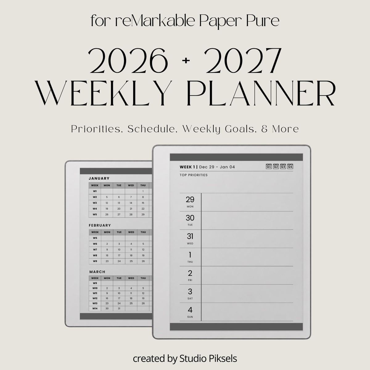 2026 & 2027 Quarterly Overview Weekly Calendar for reMarkable 2 and reMarkable Paper Pure featuring quarterly overview indexes, 52 weekly planning spreads, 10 linked notes pages, and monochrome hyperlinked PDF layouts.