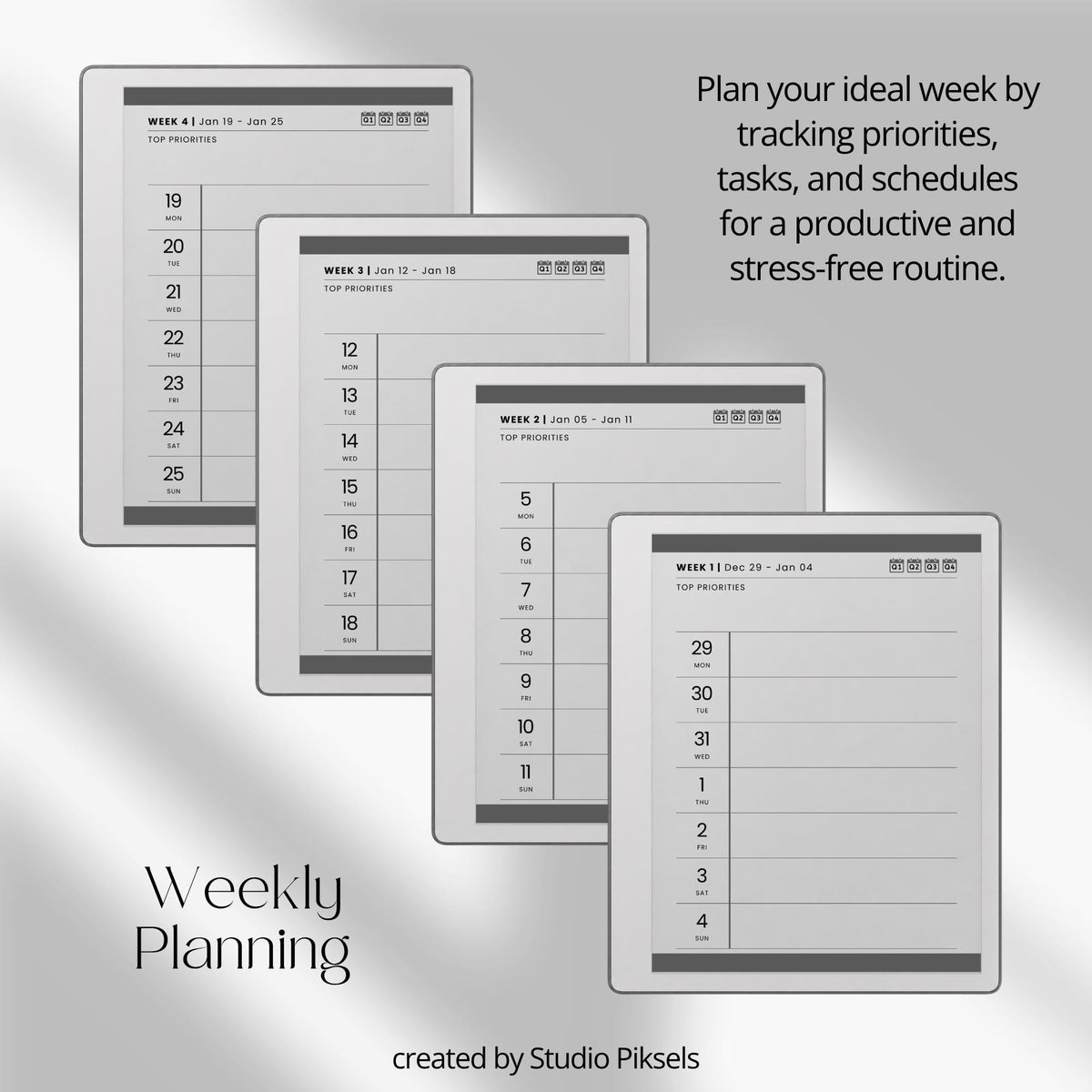 2026 & 2027 Quarterly Overview Weekly Calendar for reMarkable 2 and reMarkable Paper Pure featuring quarterly overview indexes, 52 weekly planning spreads, 10 linked notes pages, and monochrome hyperlinked PDF layouts.