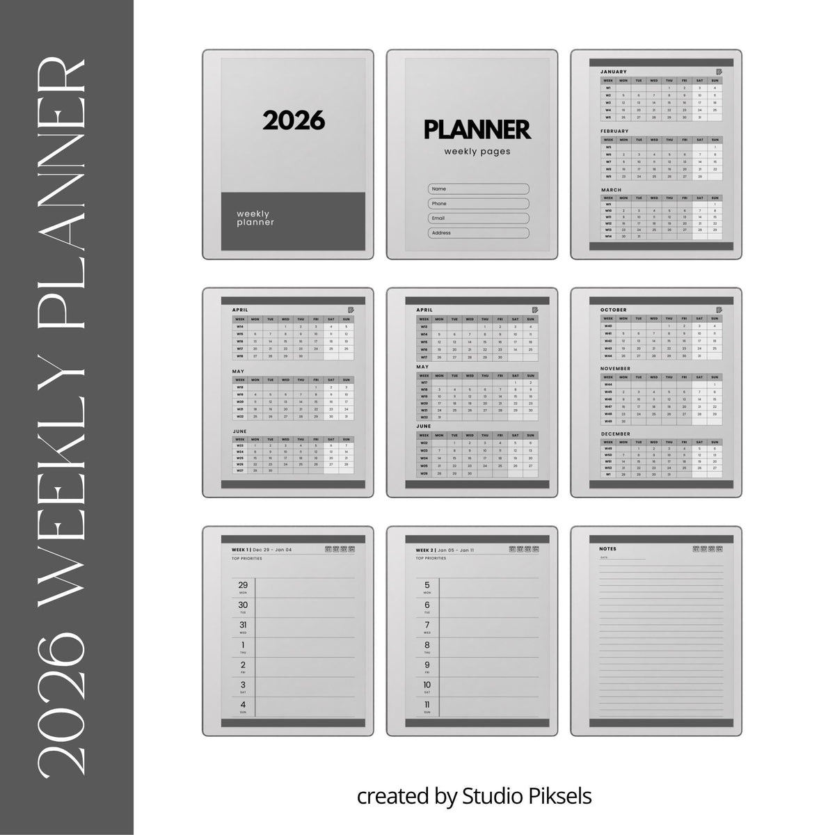 2026 & 2027 Quarterly Overview Weekly Calendar for reMarkable 2 and reMarkable Paper Pure featuring quarterly overview indexes, 52 weekly planning spreads, 10 linked notes pages, and monochrome hyperlinked PDF layouts.