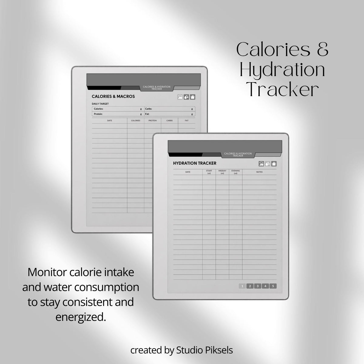Hyperlinked Fitness and Health Planner for reMarkable 2 and reMarkable Paper Pure featuring workout logs, body measurements, nutrition tracking, habit trackers, and monochrome PDF layouts.