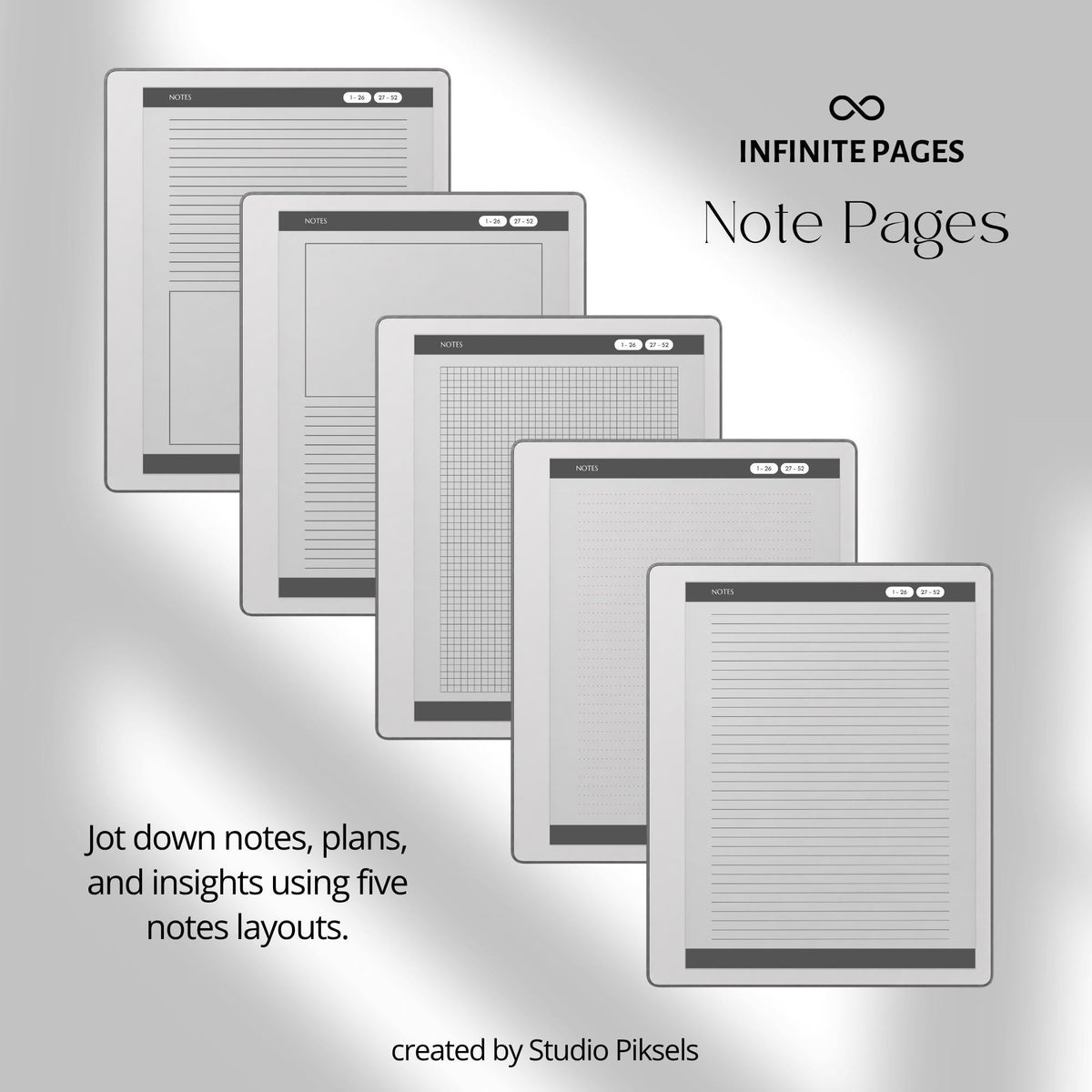 Hyperlinked Fitness and Health Planner for reMarkable 2 and reMarkable Paper Pure featuring workout logs, body measurements, nutrition tracking, habit trackers, and monochrome PDF layouts.