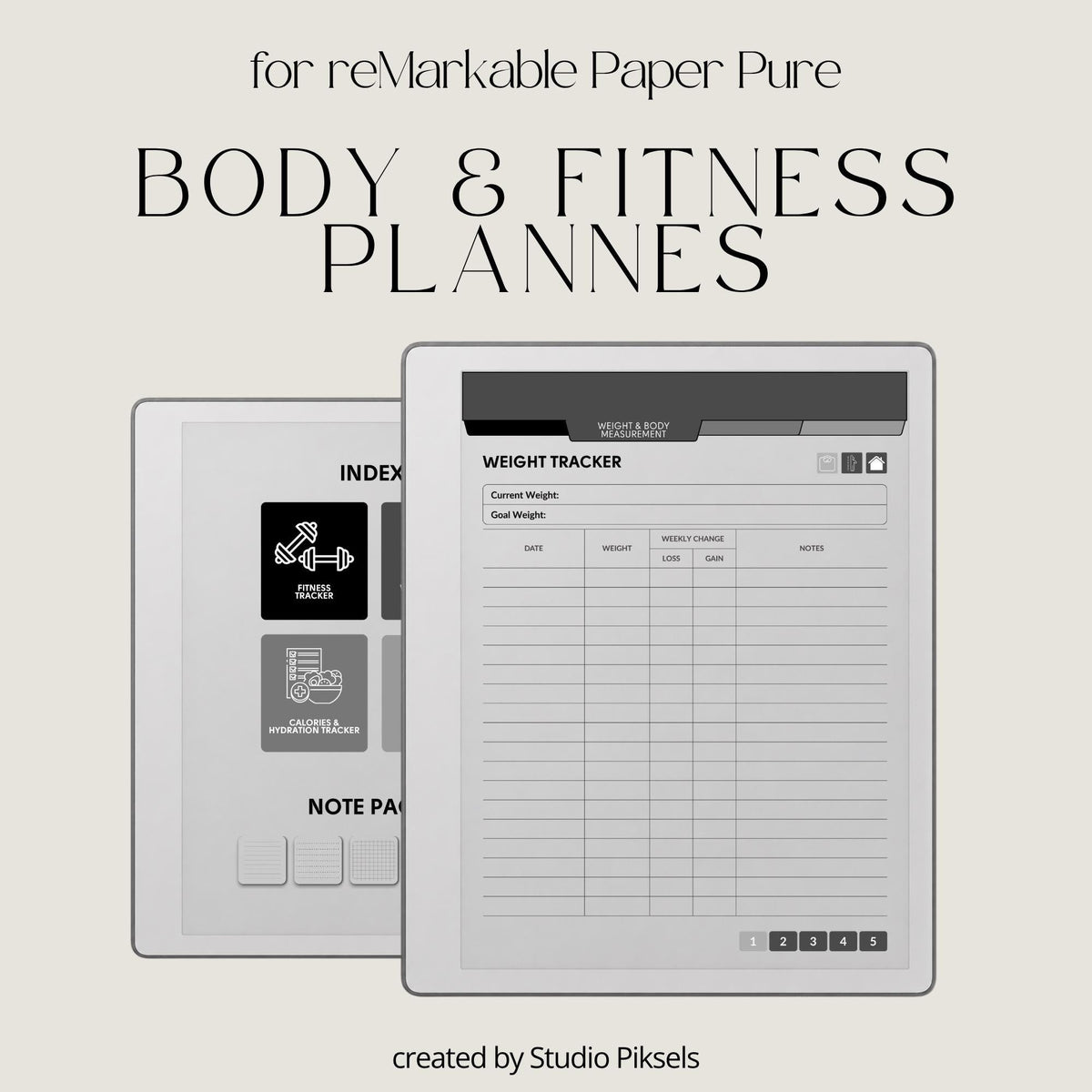 Hyperlinked Fitness and Health Planner for reMarkable 2 and reMarkable Paper Pure featuring workout logs, body measurements, nutrition tracking, habit trackers, and monochrome PDF layouts.