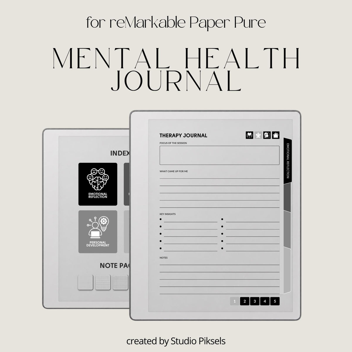 Hyperlinked Mental Health Journal for reMarkable 2 and reMarkable Paper Pure featuring emotional reflection, wellness tracking, guided journaling, and monochrome e-ink layouts.