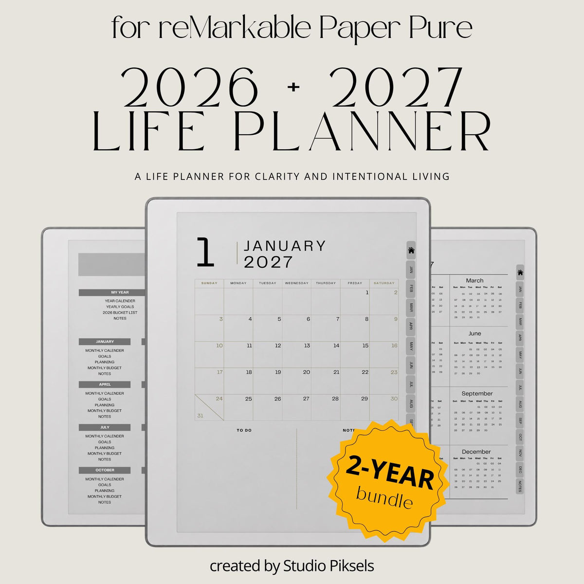 Ultimate Life Planner 2026 for reMarkable 2 and reMarkable Paper Pure featuring hyperlinked monthly planners, budgeting pages, habit trackers, and minimalist grayscale productivity layouts
