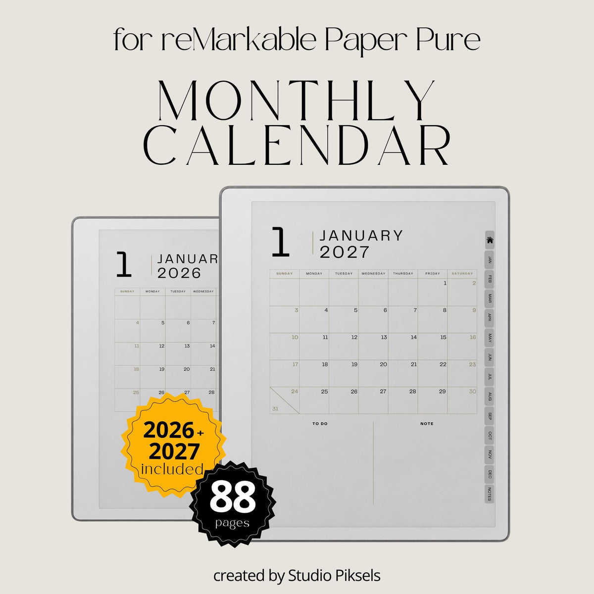 Ultimate Life Planner 2026 for reMarkable 2 and reMarkable Paper Pure featuring hyperlinked monthly planners, budgeting pages, habit trackers, and minimalist grayscale productivity layouts