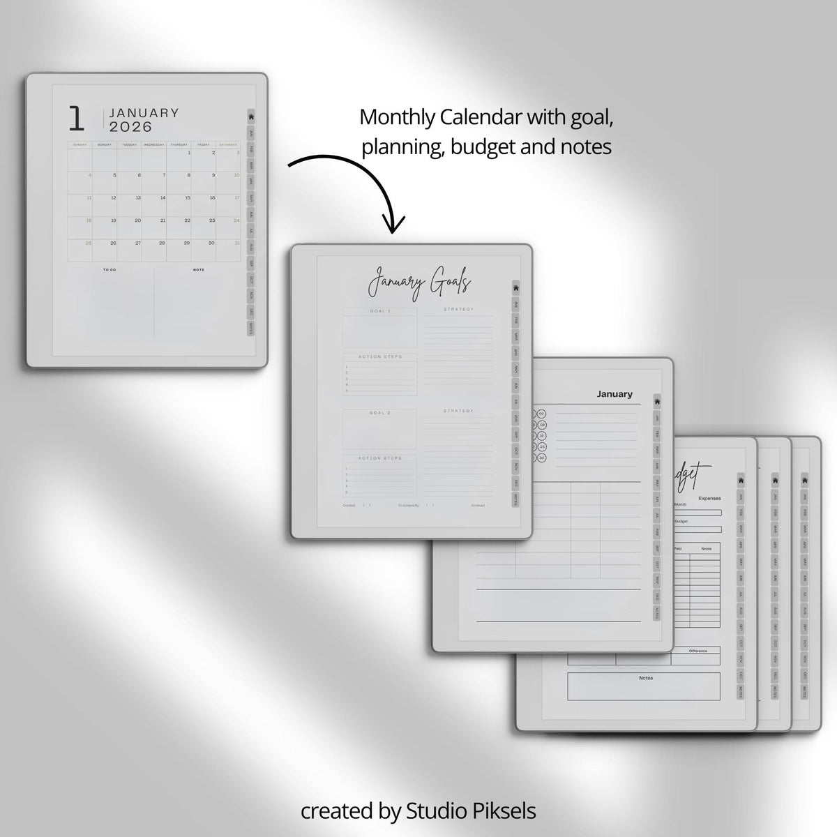 Ultimate Life Planner 2026 for reMarkable 2 and reMarkable Paper Pure featuring hyperlinked monthly planners, budgeting pages, habit trackers, and minimalist grayscale productivity layouts