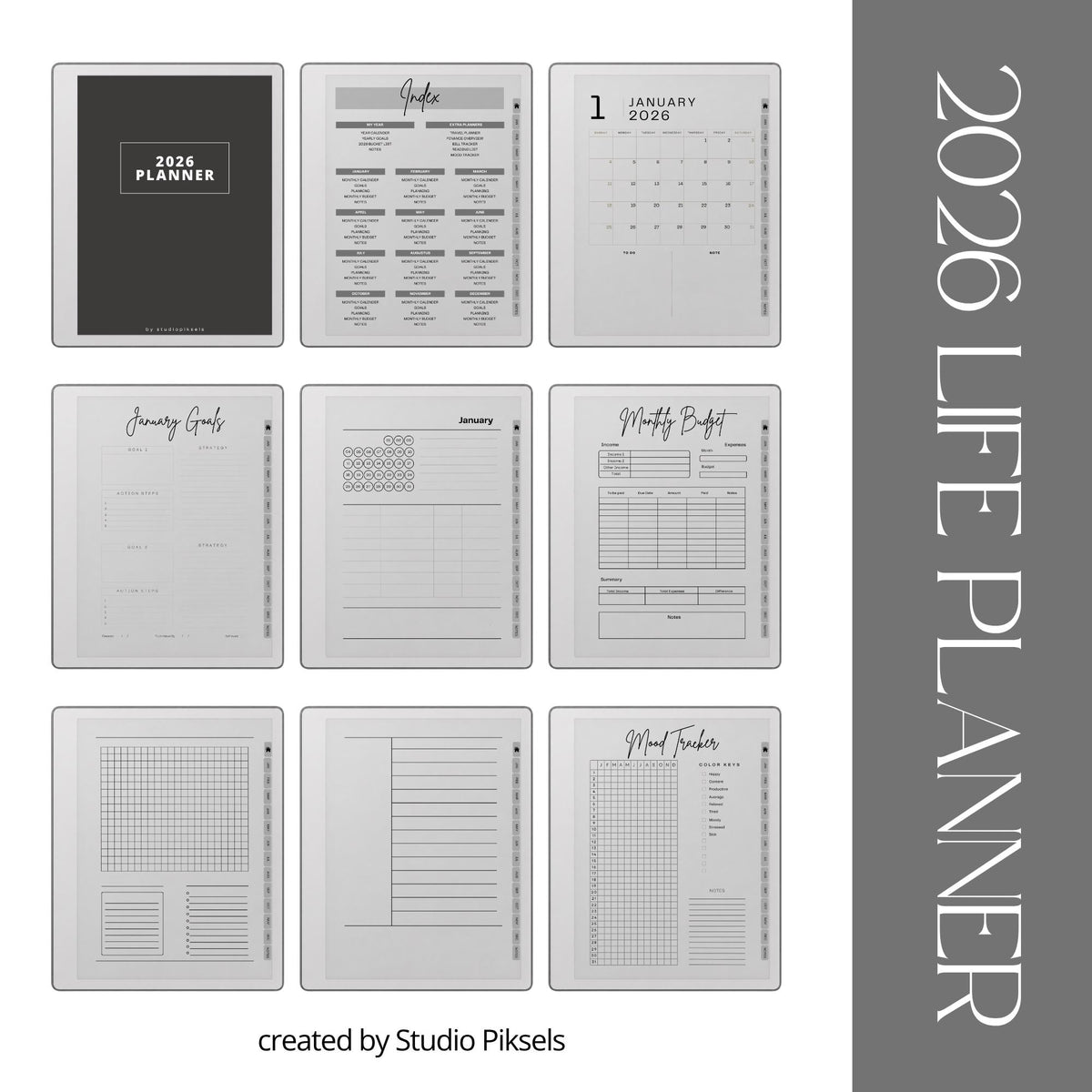 Ultimate Life Planner 2026 for reMarkable 2 and reMarkable Paper Pure featuring hyperlinked monthly planners, budgeting pages, habit trackers, and minimalist grayscale productivity layouts