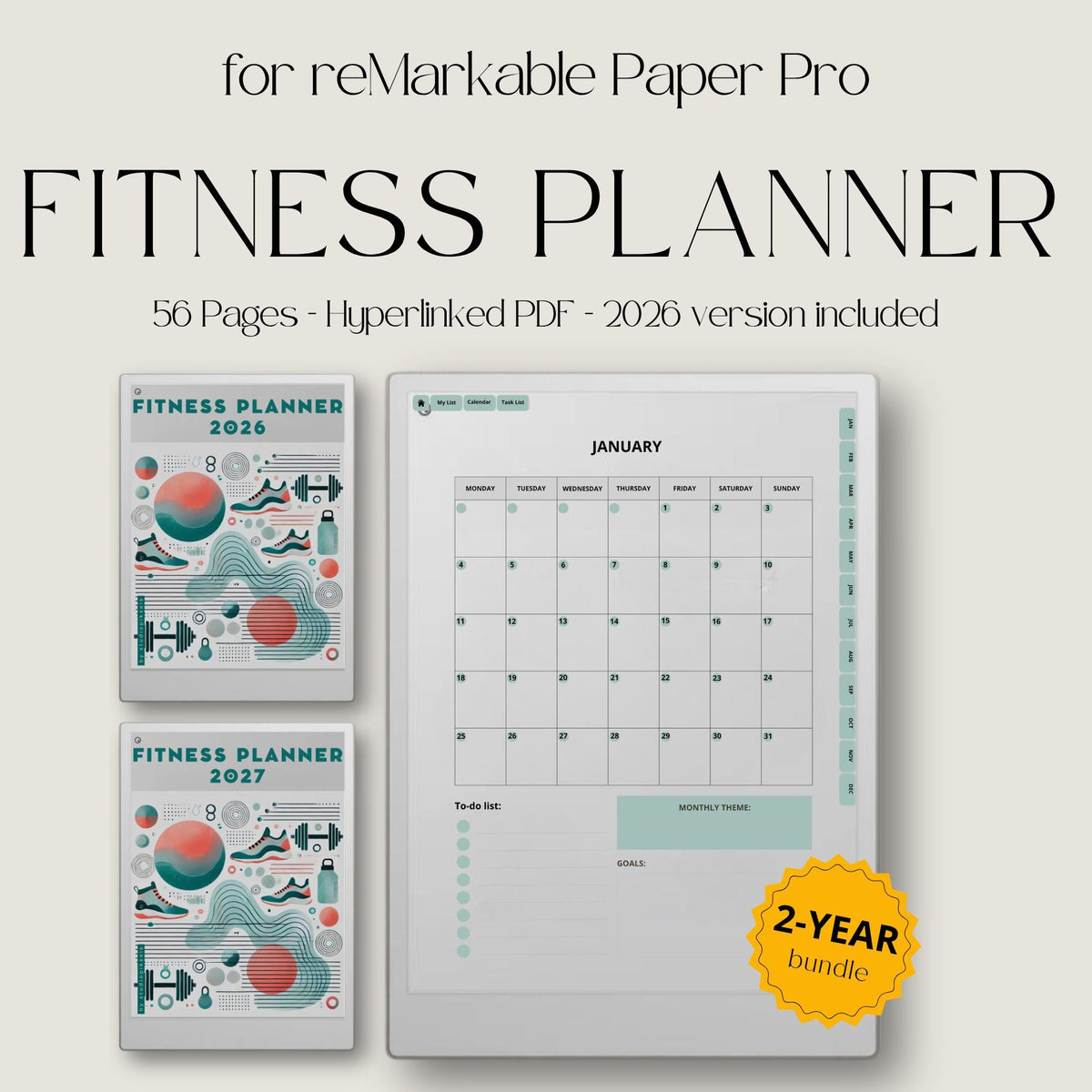 This planner for reMarkable Paper Pro combines monthly planning, workout tracking, and habit monitoring in a clean digital layout. It is built to support long-term fitness routines with simple navigation and structured pages.