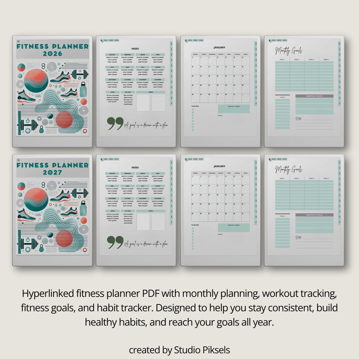 This planner for reMarkable Paper Pro combines monthly planning, workout tracking, and habit monitoring in a clean digital layout. It is built to support long-term fitness routines with simple navigation and structured pages.