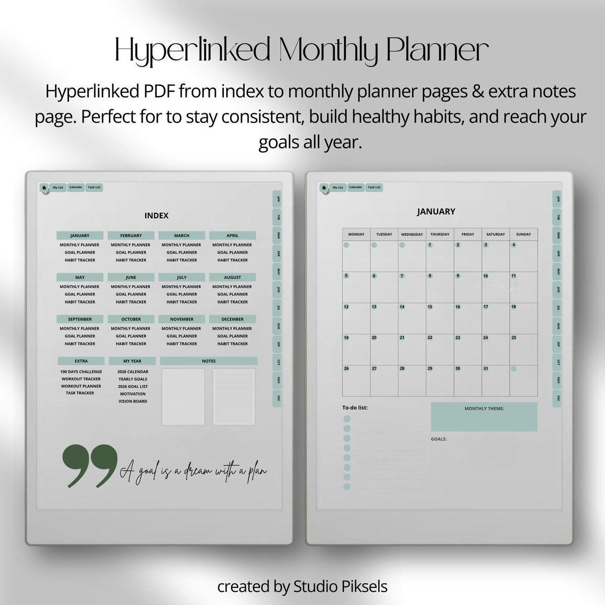 This planner for reMarkable Paper Pro combines monthly planning, workout tracking, and habit monitoring in a clean digital layout. It is built to support long-term fitness routines with simple navigation and structured pages.