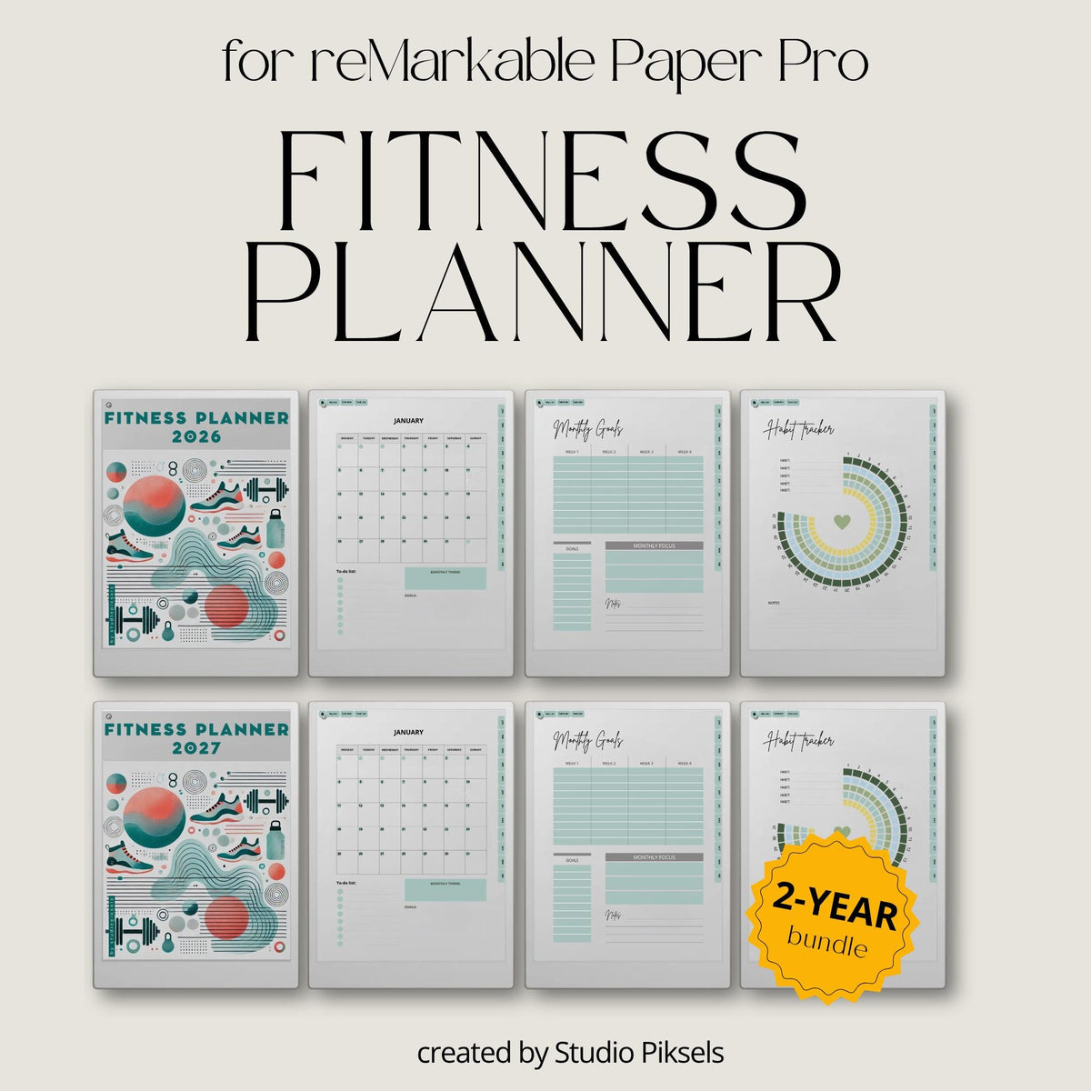 This planner for reMarkable Paper Pro combines monthly planning, workout tracking, and habit monitoring in a clean digital layout. It is built to support long-term fitness routines with simple navigation and structured pages.