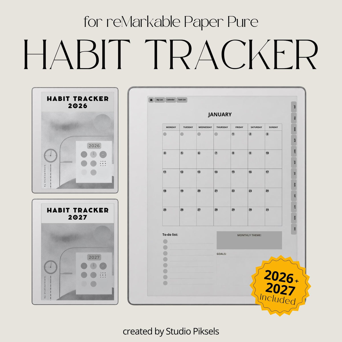 2026 Habit Tracker PDF for reMarkable 2 and Paper Pure with grayscale habit tracking pages, goal planners, and hyperlinked productivity layouts.