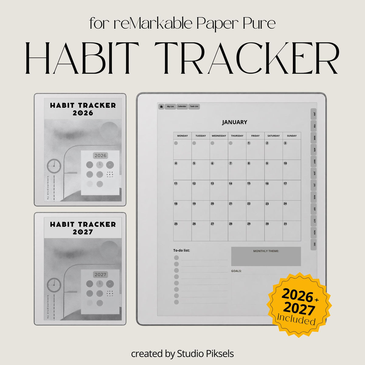 2026 Habit Tracker for Kindle Scribe with monthly planning pages, visual habit trackers, productivity layouts, and goal-setting templates.