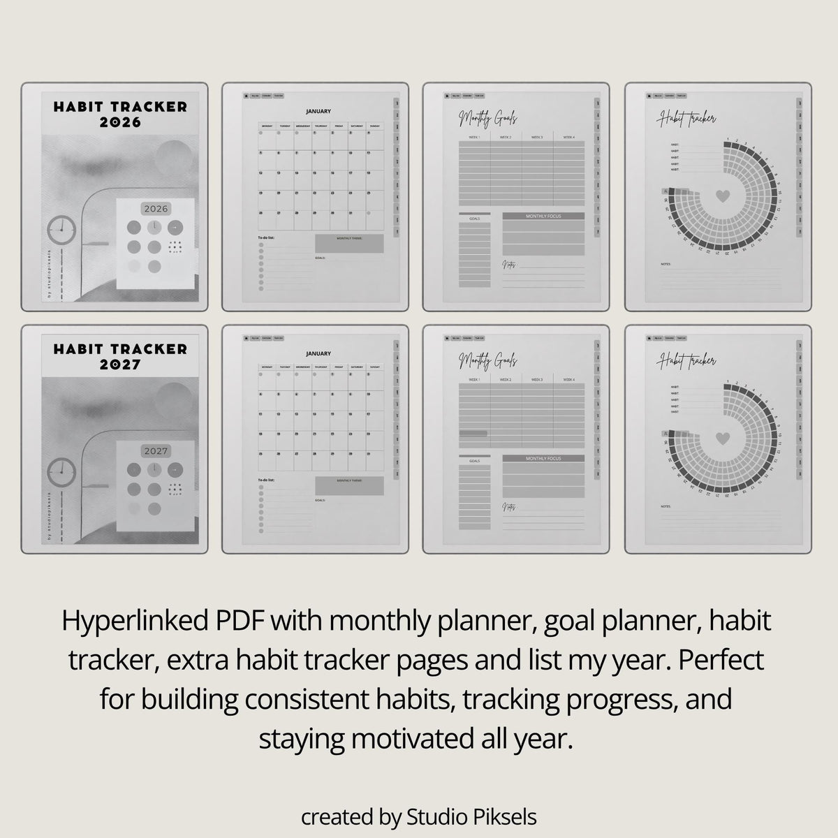 2026 Habit Tracker for Kindle Scribe with monthly planning pages, visual habit trackers, productivity layouts, and goal-setting templates.