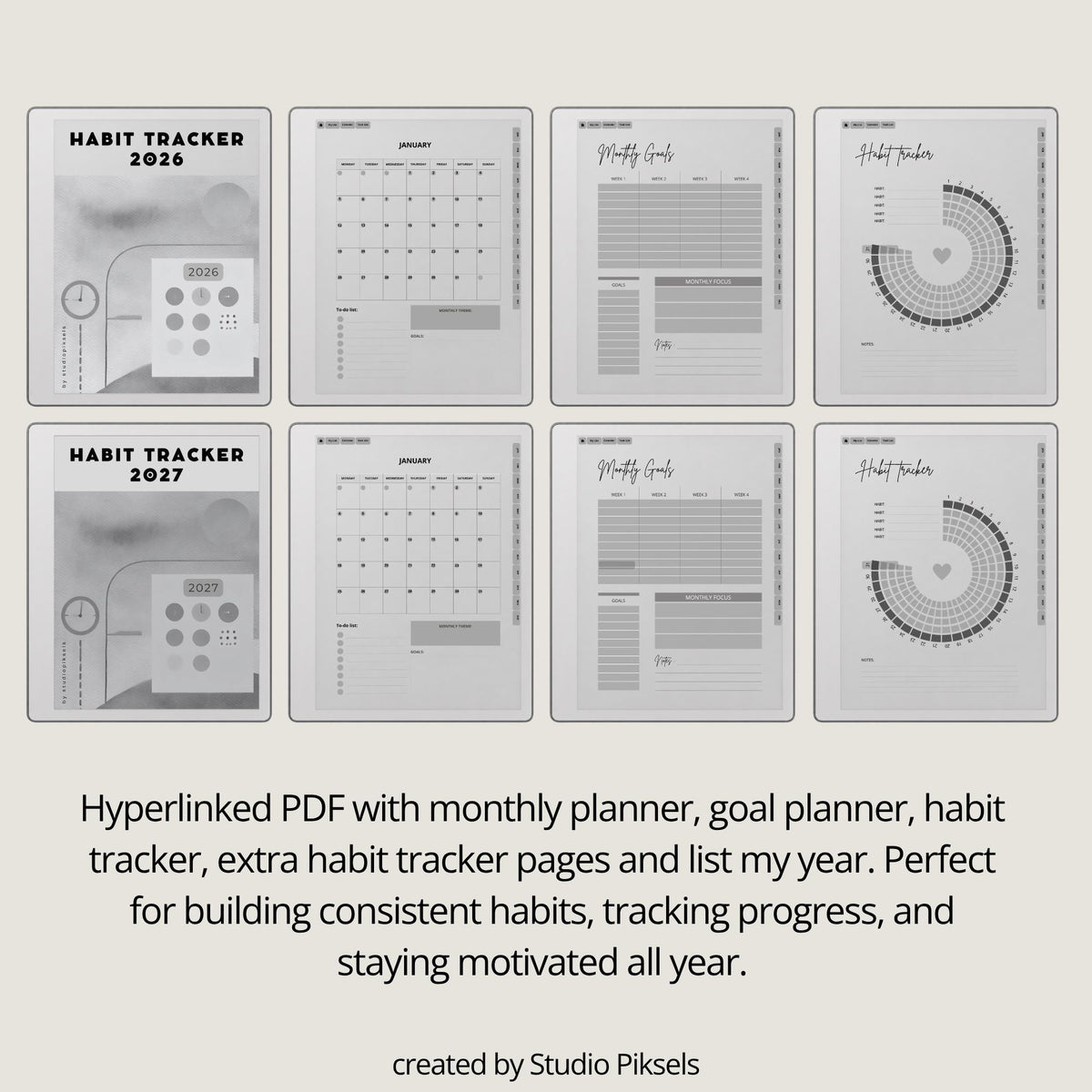 2026 Habit Tracker PDF for reMarkable 2 and Paper Pure with grayscale habit tracking pages, goal planners, and hyperlinked productivity layouts.