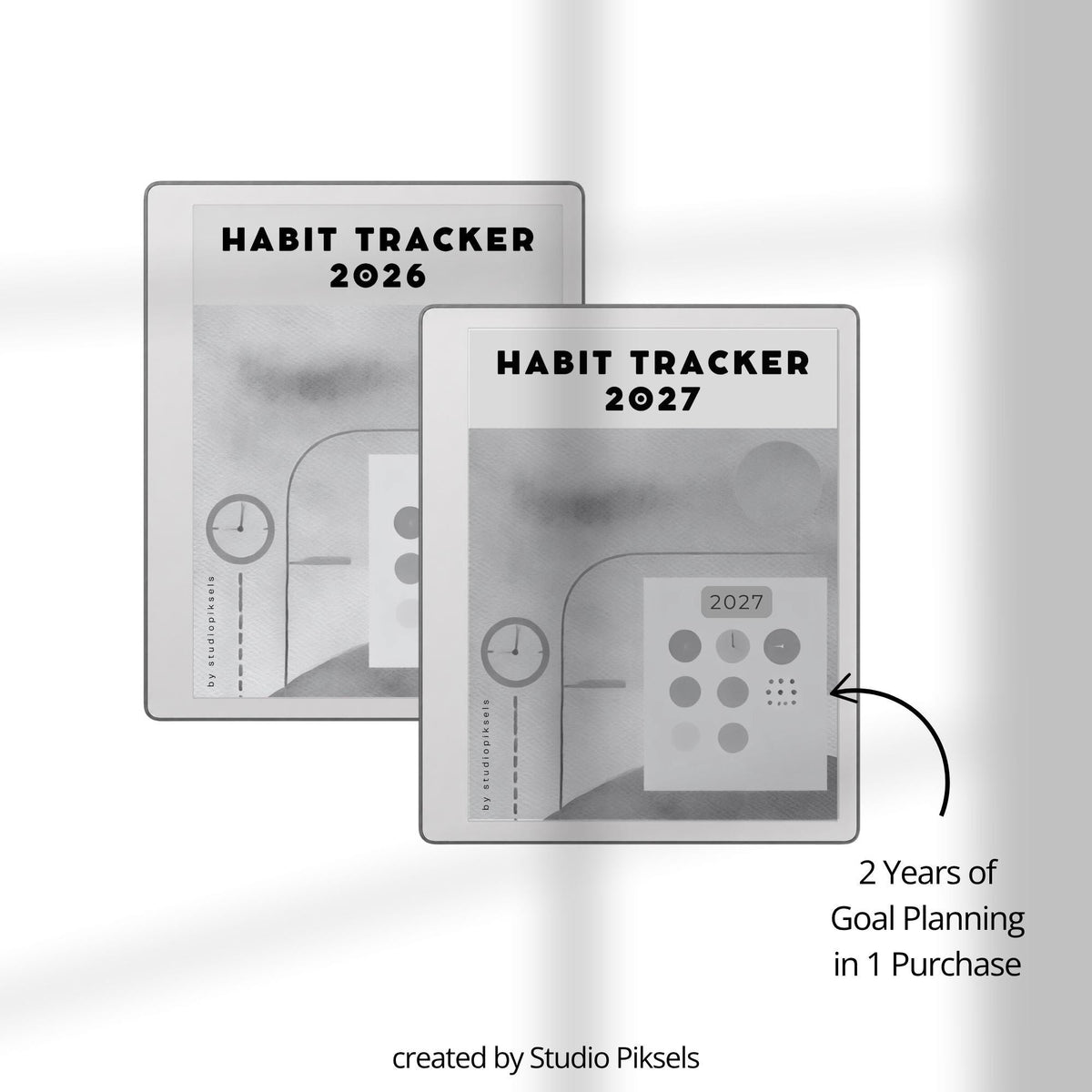 2026 Habit Tracker PDF for reMarkable 2 and Paper Pure with grayscale habit tracking pages, goal planners, and hyperlinked productivity layouts.