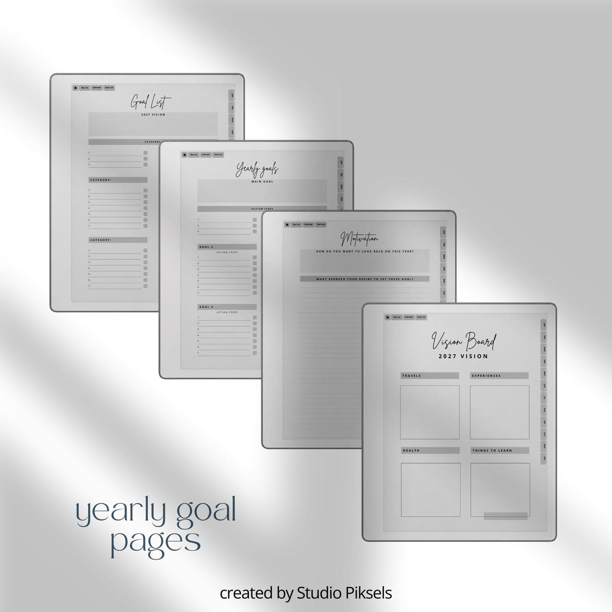 2026 Habit Tracker PDF for reMarkable 2 and Paper Pure with grayscale habit tracking pages, goal planners, and hyperlinked productivity layouts.