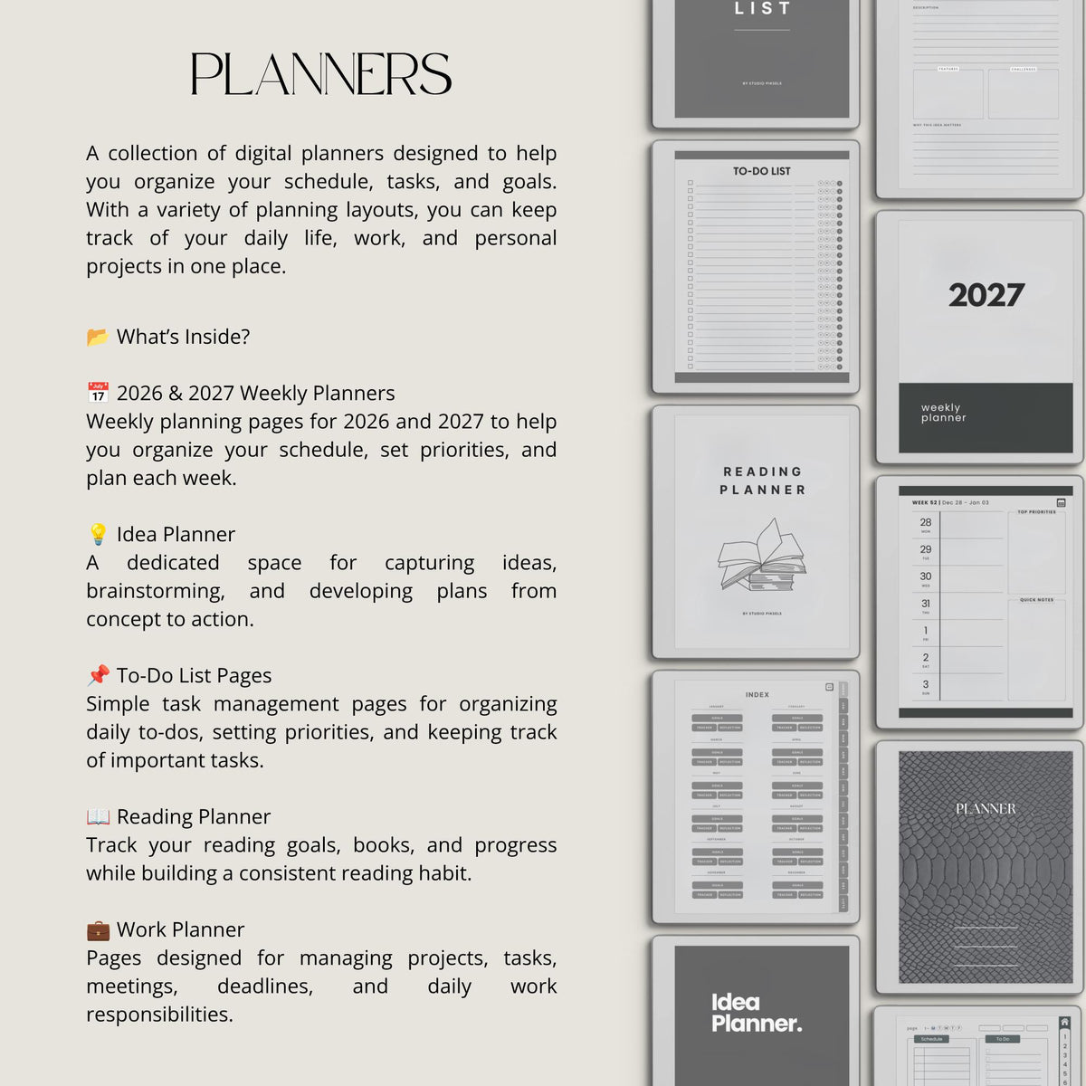 17-Piece Starter Bundle for reMarkable Paper Pure featuring digital notebooks, 2026 and 2027 weekly planners, trackers, journals, contact pages, password tracker, work planner, reading planner, and a 140-page puzzle and tracing book optimized for monochrome e-ink.