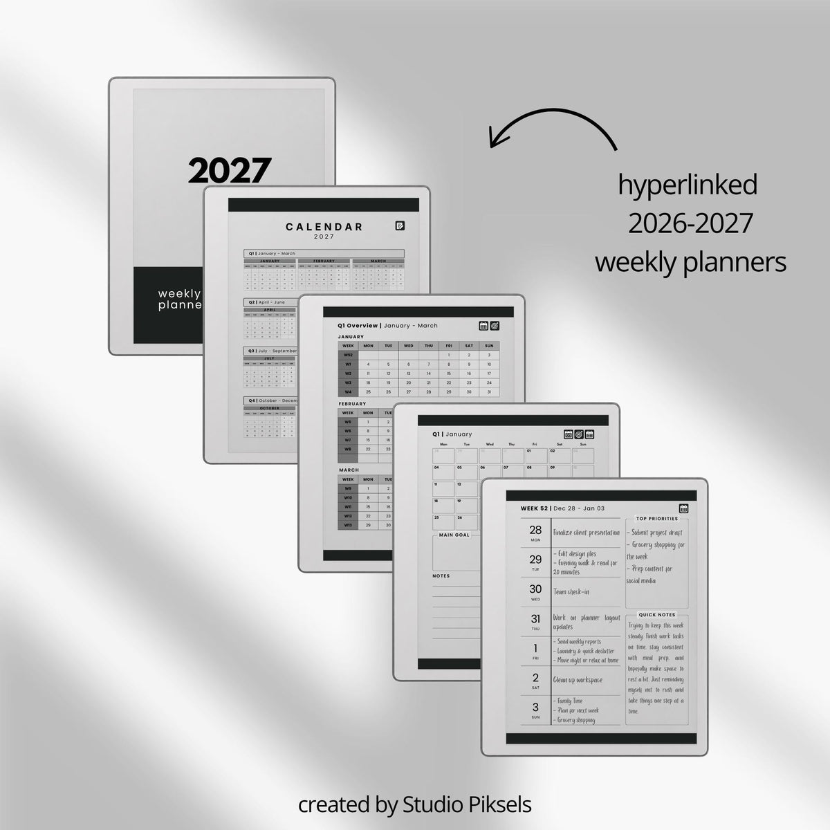 17-Piece Starter Bundle for reMarkable Paper Pure featuring digital notebooks, 2026 and 2027 weekly planners, trackers, journals, contact pages, password tracker, work planner, reading planner, and a 140-page puzzle and tracing book optimized for monochrome e-ink.