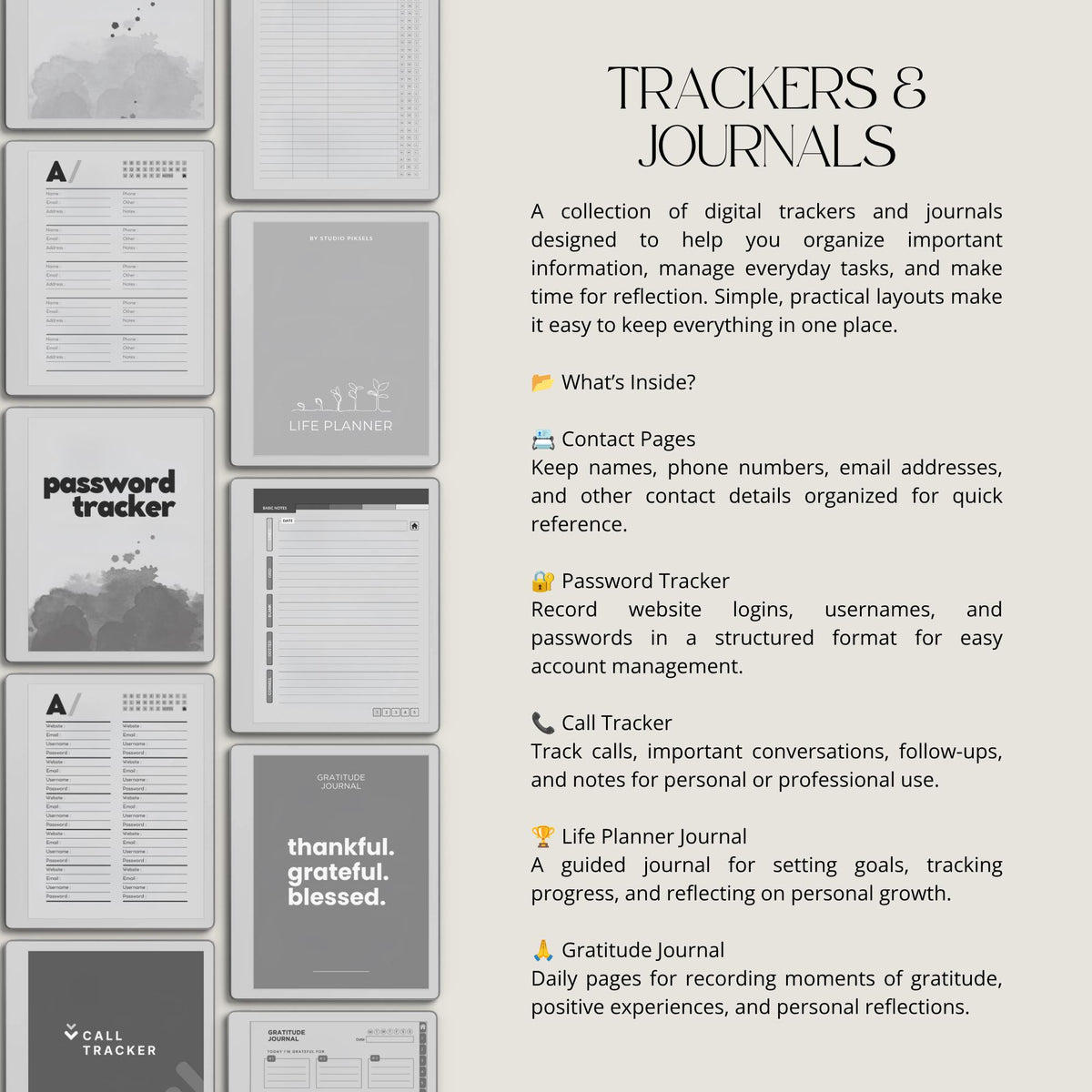 17-Piece Starter Bundle for reMarkable Paper Pure featuring digital notebooks, 2026 and 2027 weekly planners, trackers, journals, contact pages, password tracker, work planner, reading planner, and a 140-page puzzle and tracing book optimized for monochrome e-ink.
