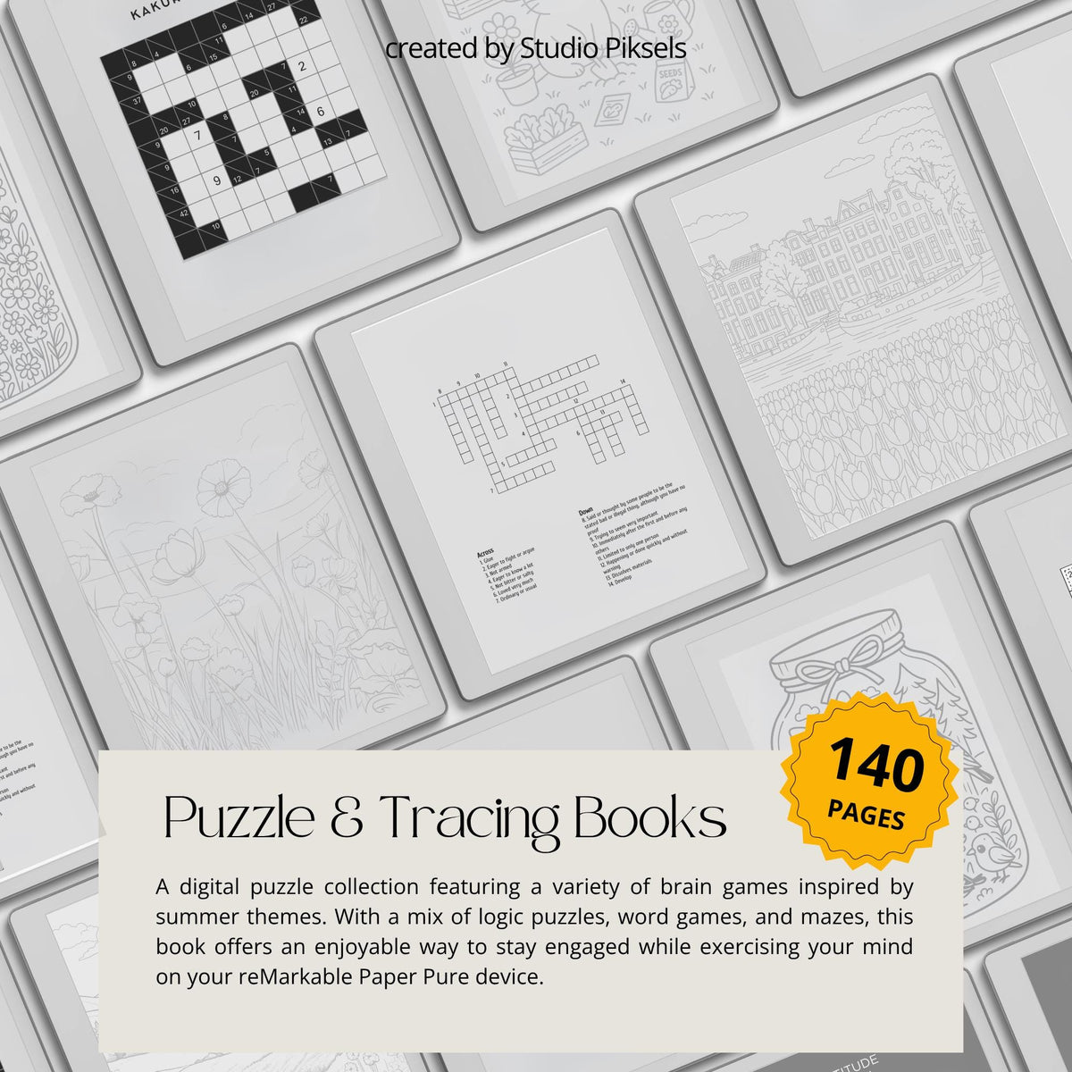 17-Piece Starter Bundle for reMarkable Paper Pure featuring digital notebooks, 2026 and 2027 weekly planners, trackers, journals, contact pages, password tracker, work planner, reading planner, and a 140-page puzzle and tracing book optimized for monochrome e-ink.