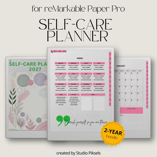 2026 + 2027 Self Care Planner for reMarkable Paper Pro featuring hyperlinked wellness, mood tracking, gratitude, habit, routine, goal, and reflection pages.