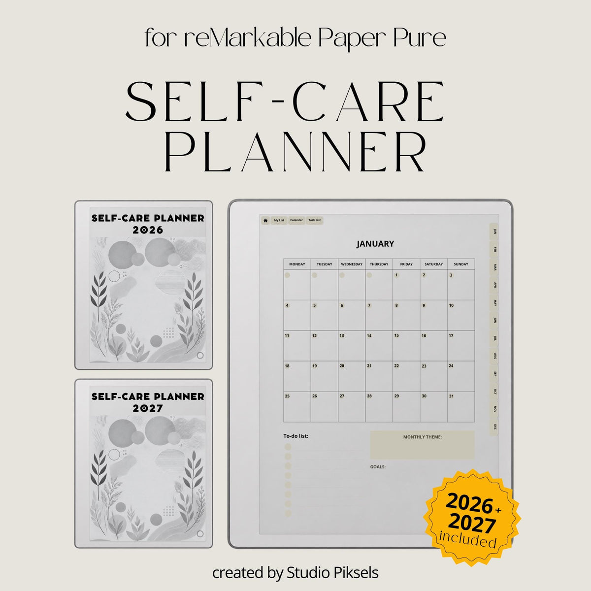 2026 Self-Care Planner PDF for reMarkable 2 and Paper Pure with grayscale wellness pages, gratitude journal sections, and hyperlinked planning layouts
