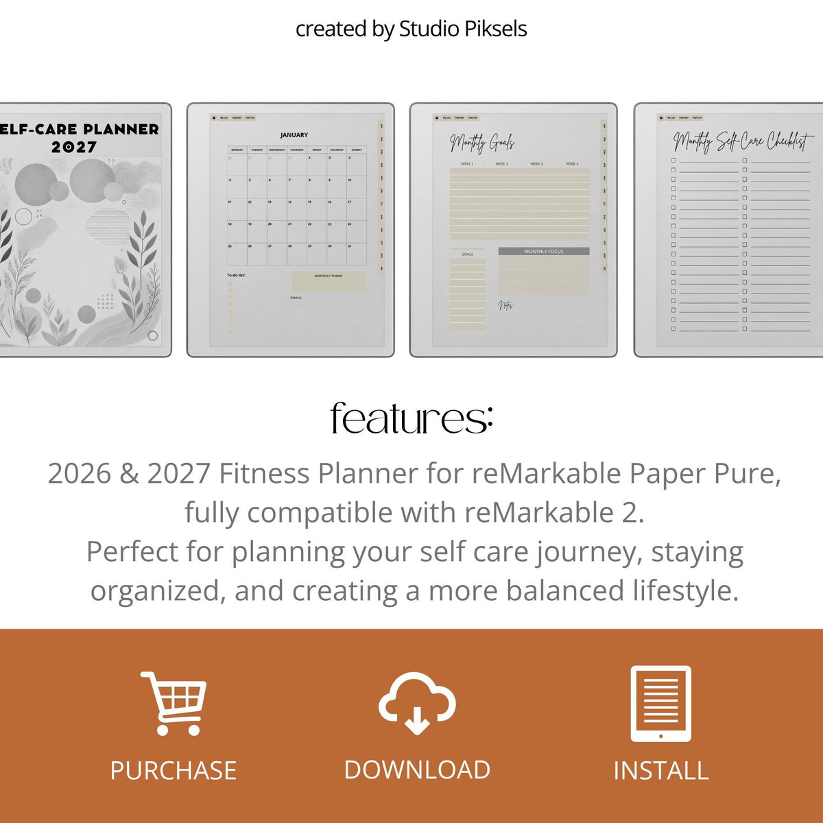 2026 Self-Care Planner PDF for reMarkable 2 and Paper Pure with grayscale wellness pages, gratitude journal sections, and hyperlinked planning layouts