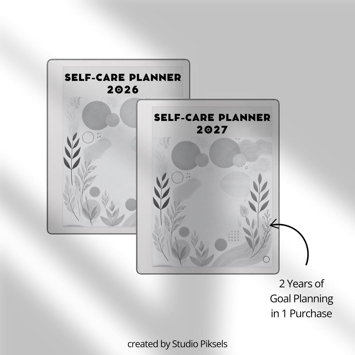 2026 Self-Care Planner PDF for reMarkable 2 and Paper Pure with grayscale wellness pages, gratitude journal sections, and hyperlinked planning layouts