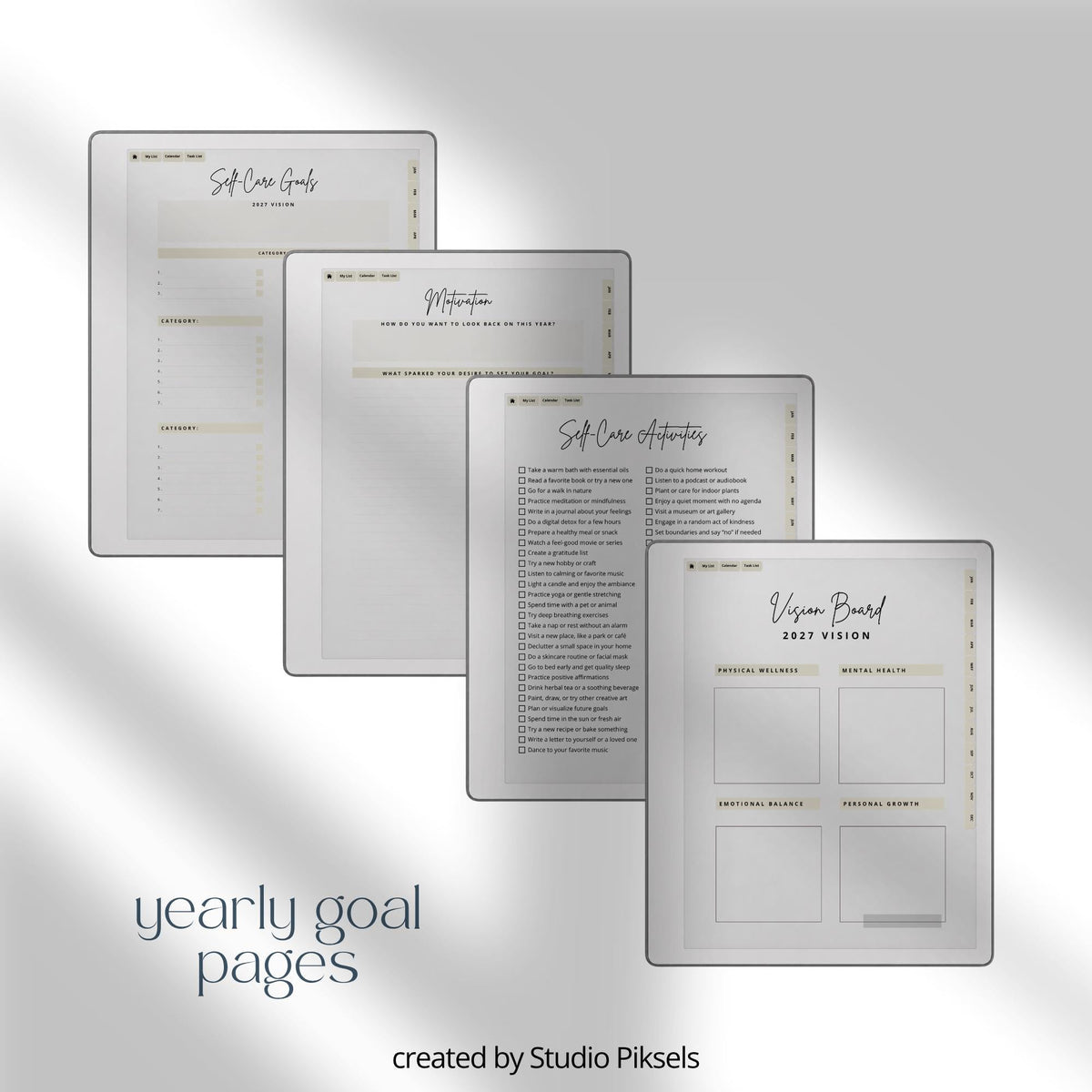 2026 Self-Care Planner PDF for reMarkable 2 and Paper Pure with grayscale wellness pages, gratitude journal sections, and hyperlinked planning layouts