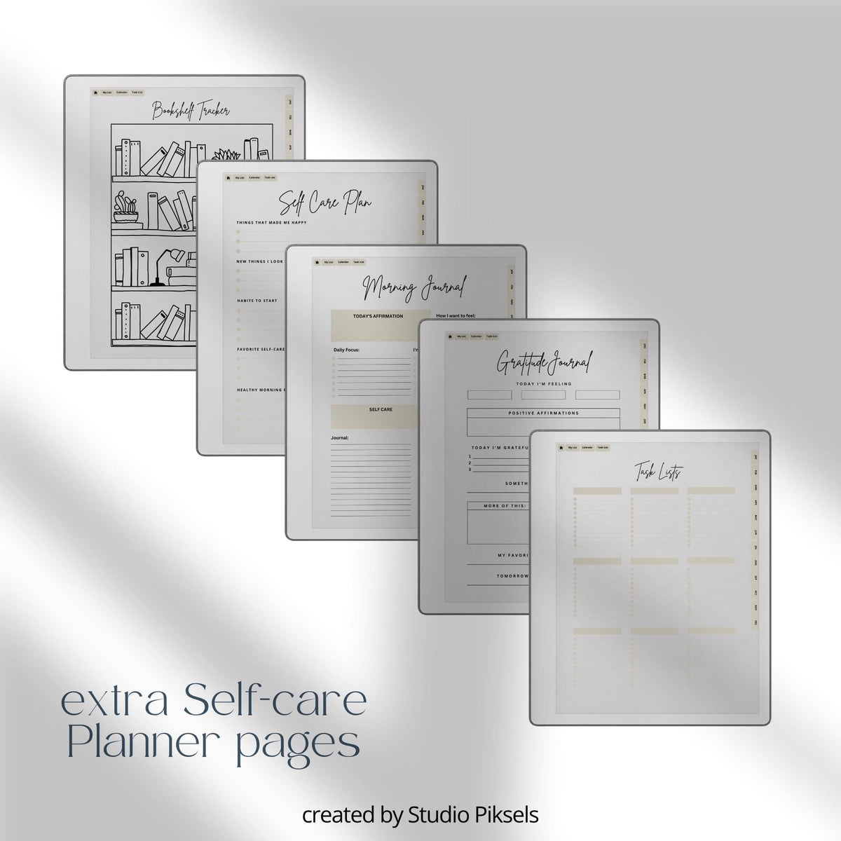 2026 Self-Care Planner PDF for reMarkable 2 and Paper Pure with grayscale wellness pages, gratitude journal sections, and hyperlinked planning layouts