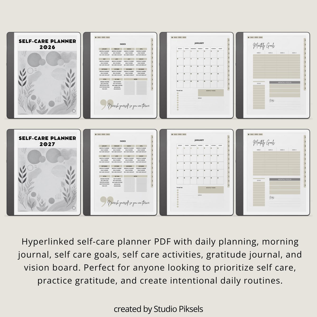 2026 Self Care Planner for Kindle Scribe featuring monthly wellness planning pages with calendars, gratitude journals, habit trackers, vision boards, and self care routines for mindful digital planning.