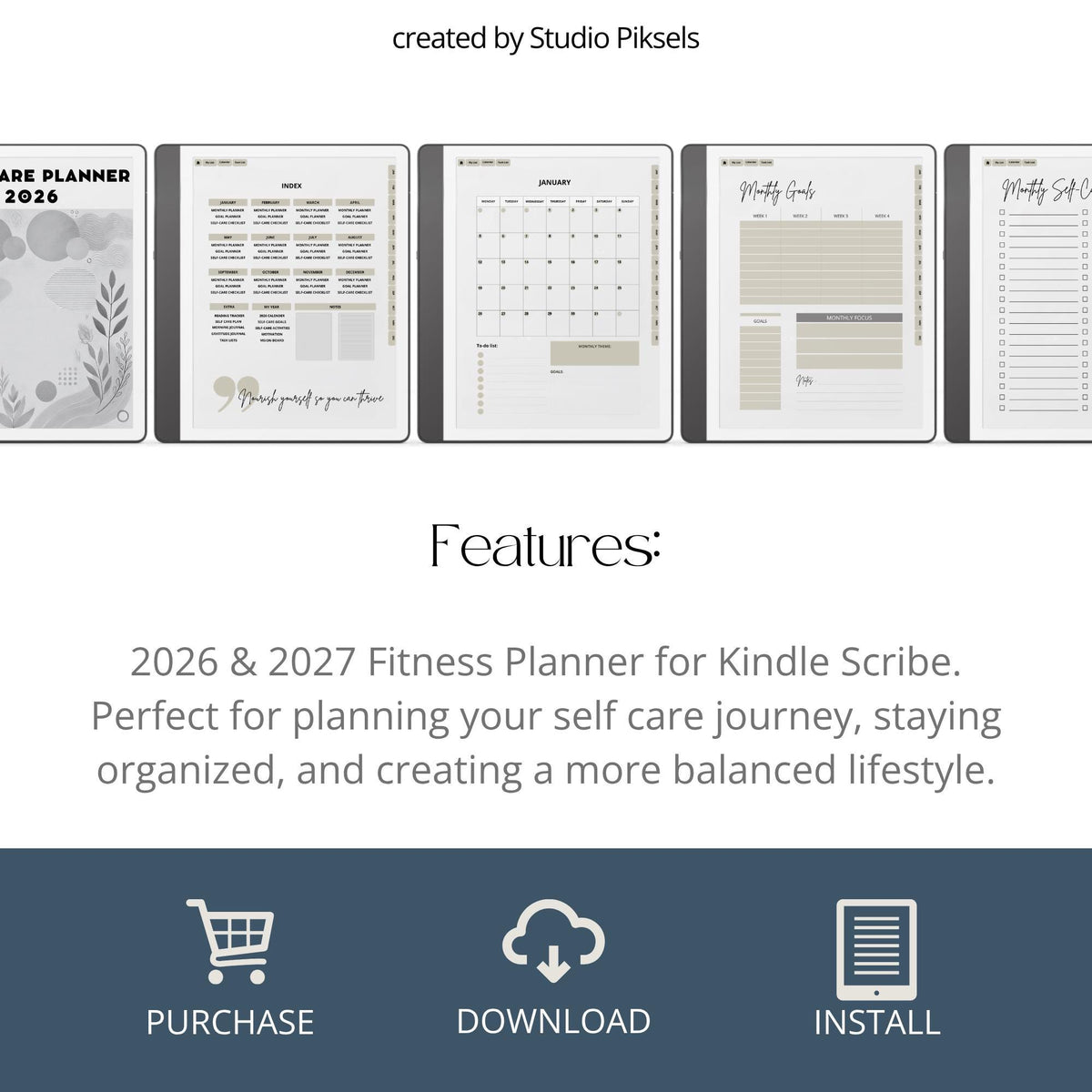 2026 Self Care Planner for Kindle Scribe featuring monthly wellness planning pages with calendars, gratitude journals, habit trackers, vision boards, and self care routines for mindful digital planning.