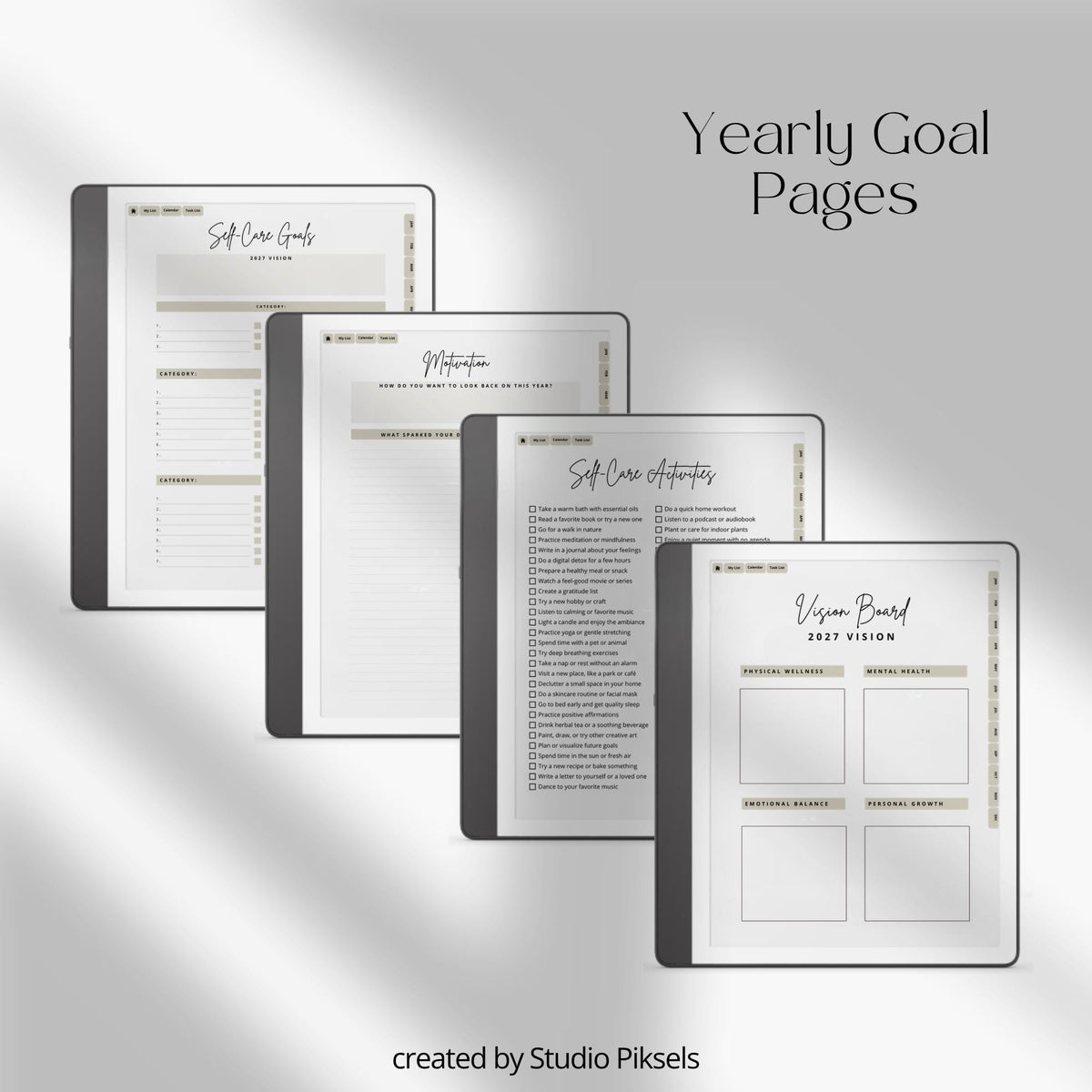 2026 Self Care Planner for Kindle Scribe featuring monthly wellness planning pages with calendars, gratitude journals, habit trackers, vision boards, and self care routines for mindful digital planning.