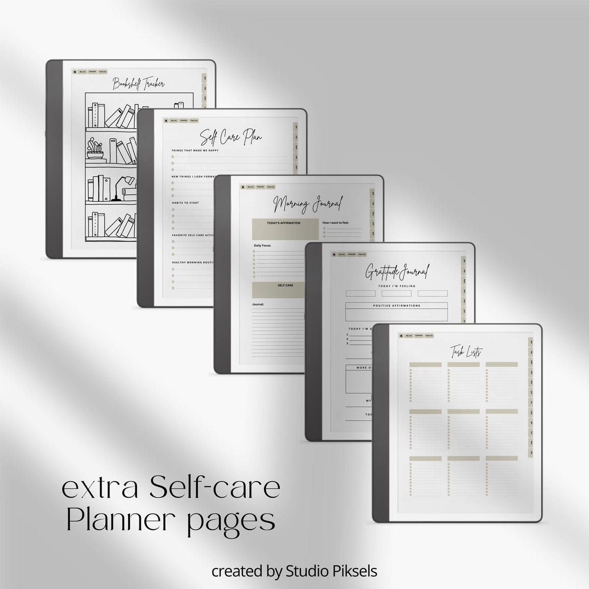 2026 Self Care Planner for Kindle Scribe featuring monthly wellness planning pages with calendars, gratitude journals, habit trackers, vision boards, and self care routines for mindful digital planning.
