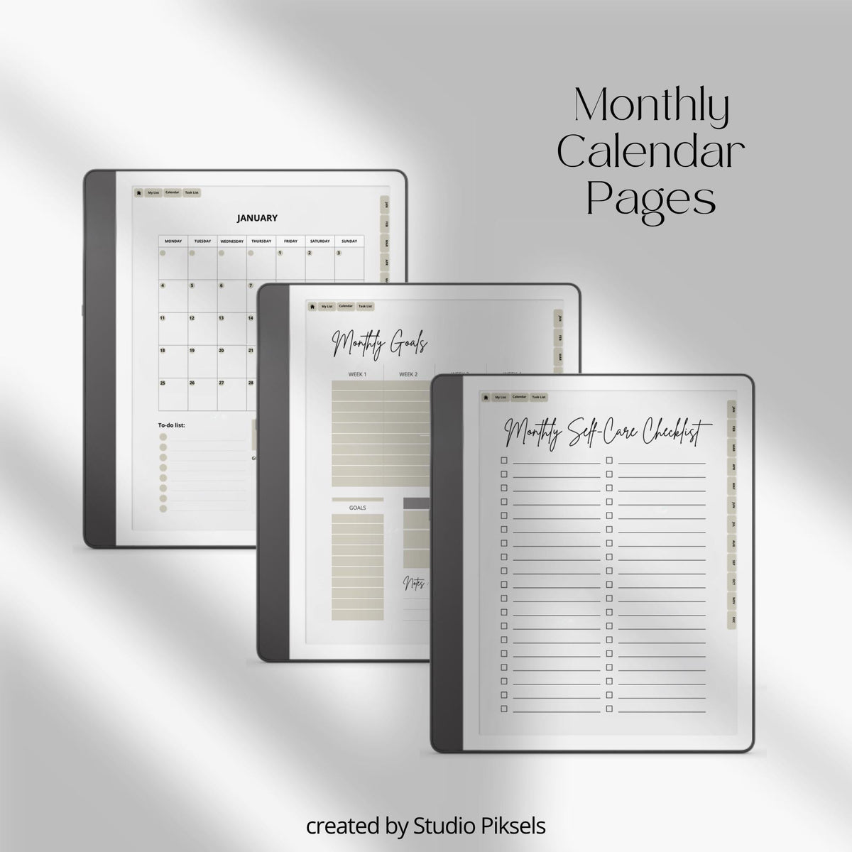 2026 Self Care Planner for Kindle Scribe featuring monthly wellness planning pages with calendars, gratitude journals, habit trackers, vision boards, and self care routines for mindful digital planning.