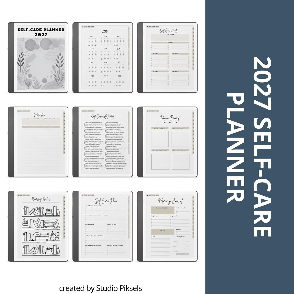 2026 Self Care Planner for Kindle Scribe featuring monthly wellness planning pages with calendars, gratitude journals, habit trackers, vision boards, and self care routines for mindful digital planning.