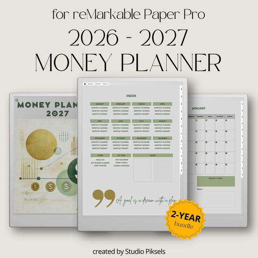 2026 + 2027 digital budget planner for reMarkable Paper Pro with budget, expense, savings, and financial goal trackers.