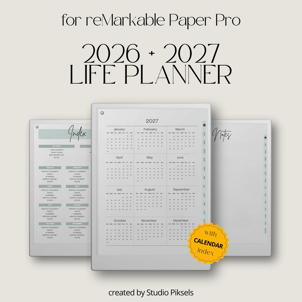Hyperlinked 2026 Life Planner for reMarkable Paper Pro with monthly calendars, budgeting pages, goal trackers, habit tracking layouts, and digital productivity tools.