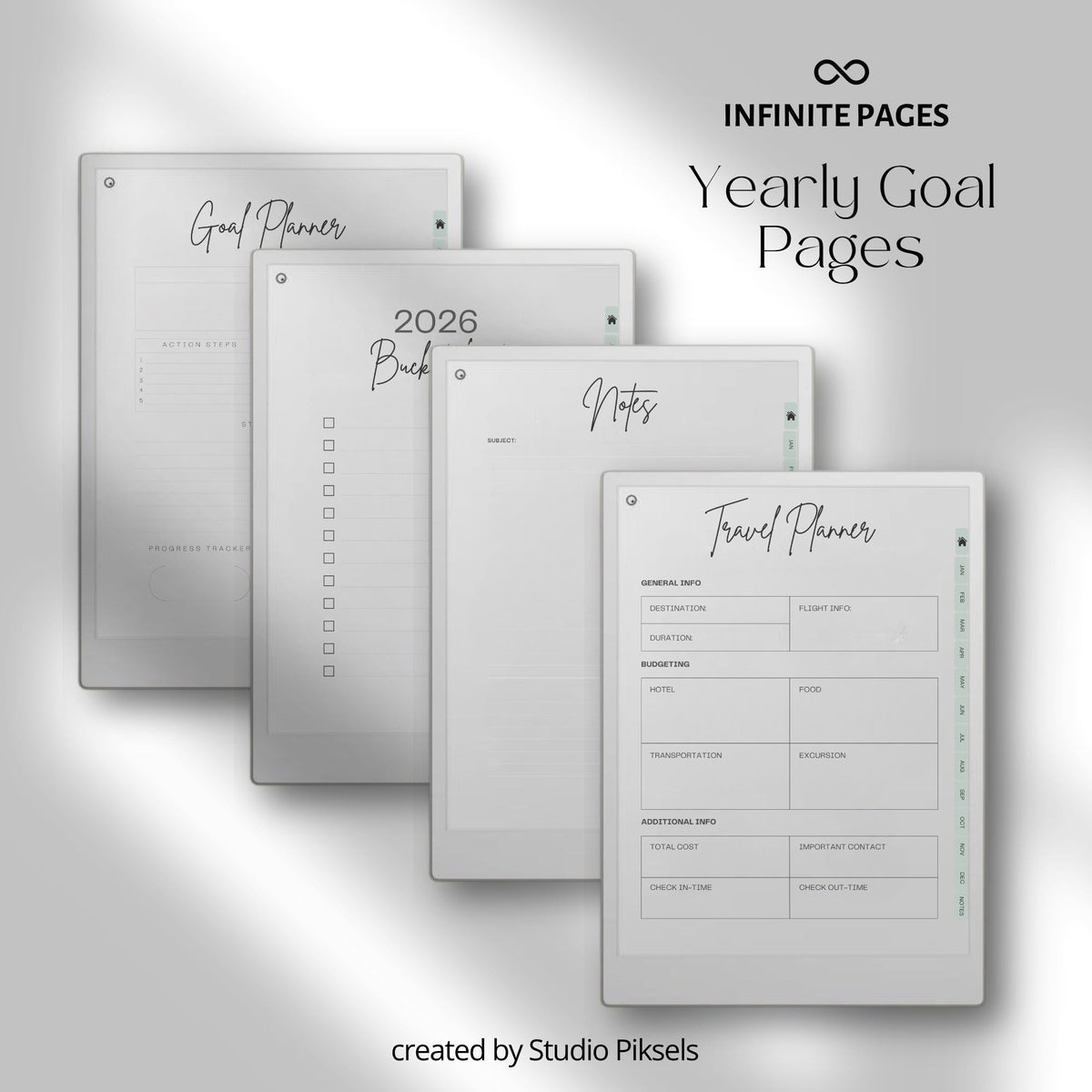Hyperlinked 2026 Life Planner for reMarkable Paper Pro with monthly calendars, budgeting pages, goal trackers, habit tracking layouts, and digital productivity tools.