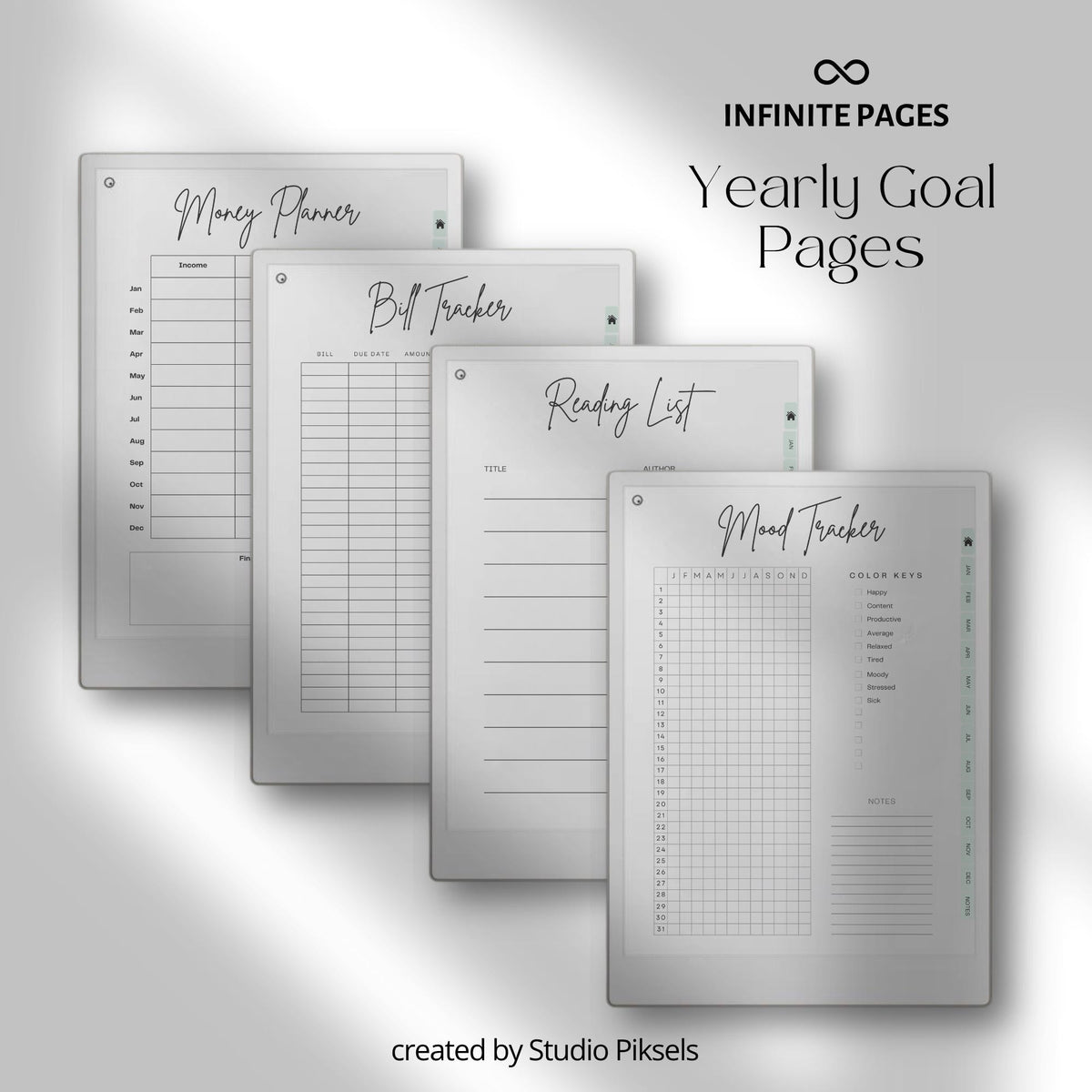Hyperlinked 2026 Life Planner for reMarkable Paper Pro with monthly calendars, budgeting pages, goal trackers, habit tracking layouts, and digital productivity tools.