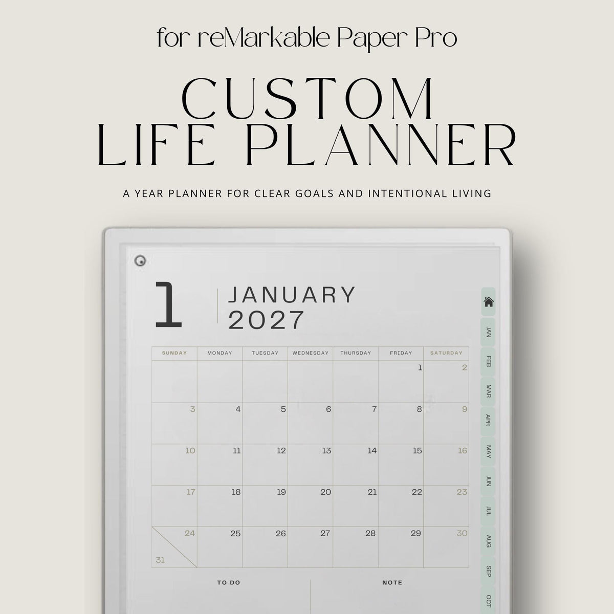 Hyperlinked 2026 Life Planner for reMarkable Paper Pro with monthly calendars, budgeting pages, goal trackers, habit tracking layouts, and digital productivity tools.