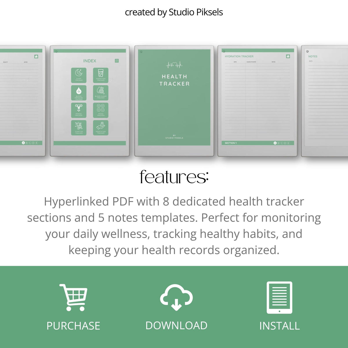 Health Tracker for reMarkable Paper Pro featuring blue, red, green, and mustard color themes with hyperlinked sleep, hydration, blood pressure, blood sugar, mood, symptom, medication, and period tracking pages.