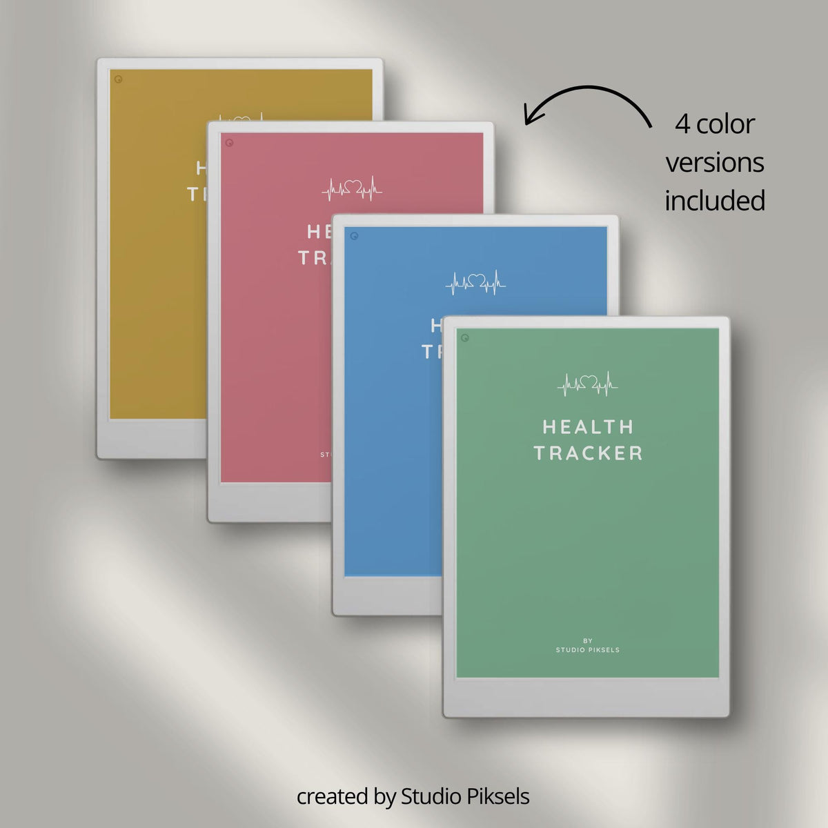 Health Tracker for reMarkable Paper Pro featuring blue, red, green, and mustard color themes with hyperlinked sleep, hydration, blood pressure, blood sugar, mood, symptom, medication, and period tracking pages.